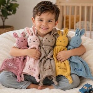 Personalized Muslin Bunny Lovey | Embroidered Name Baby Security Blanket, Newborn Gift