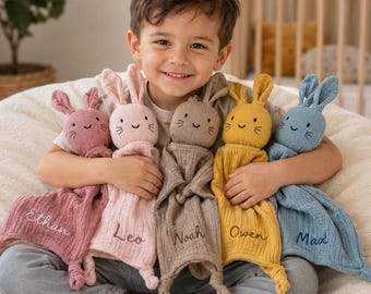 Personalized Muslin Bunny Lovey | Embroidered Name Baby Security Blanket, Newborn Gift