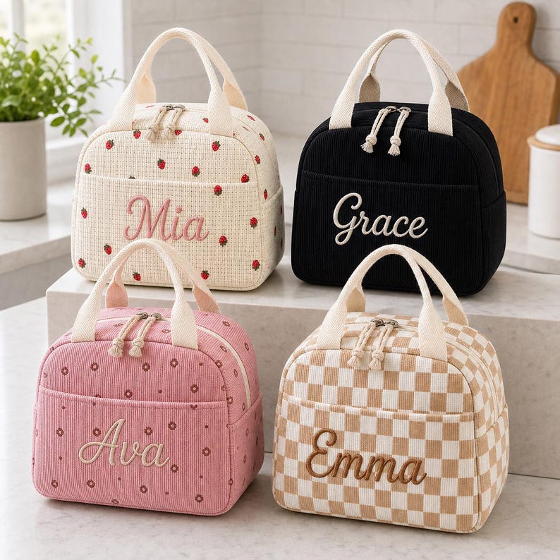 May include: Four rectangular lunch bags with top handles and zipper closures. One is cream with red strawberries and the name Mia, one is black with the name Grace, one is pink with small flower patterns and the name Ava, and one is tan checkered with the name Emma.