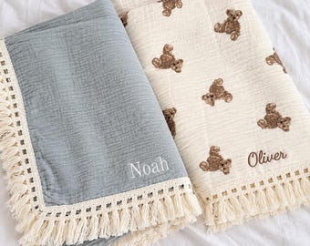 Personalized Muslin Baby Blanket with Embroidered Name and Tassel Trim