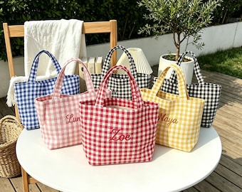Custom Embroidered Gingham Tote Bag, Personalized Name Canvas Tote, Bridesmaid Gift, Reusable Shopping Bag