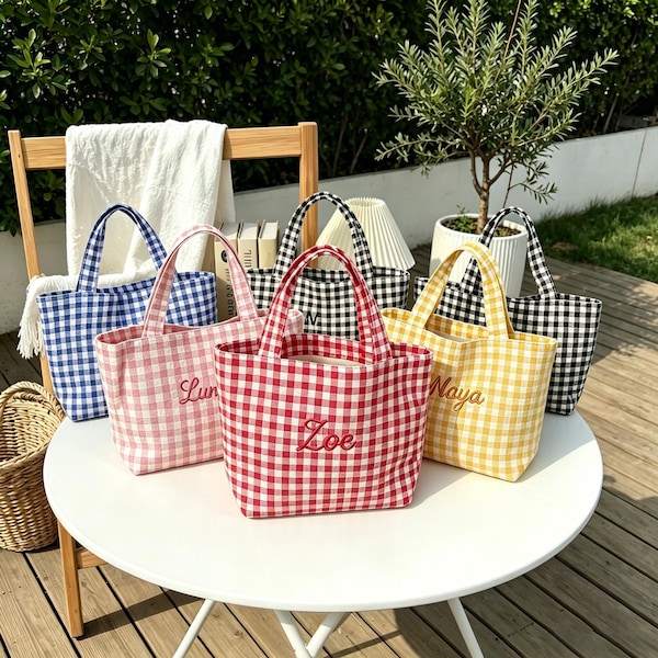 Custom Embroidered Gingham Tote Bag, Personalized Name Canvas Tote, Bridesmaid Gift, Reusable Shopping Bag