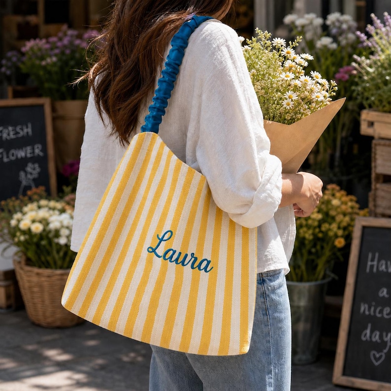 Personalized Striped Tote Bag, Custom Embroidered Name Beach Bag, Bridesmaid Gift, Summer Shoulder Bag, Monogram Tote, Gift for Her image 4