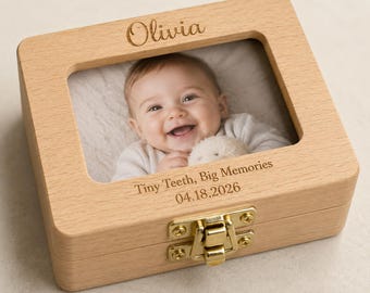 Personalized Baby Tooth Keepsake Box with Photo Frame, Wooden Tooth Fairy Box, Custom Baby Teeth Storage, Baby Shower Gift for Boy Girl