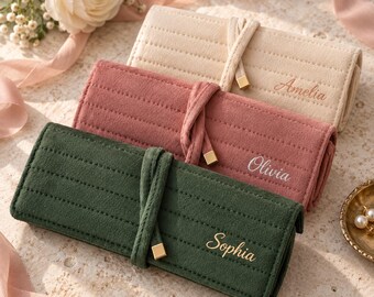 Personalized Velvet Jewelry Roll, Custom Name Travel Jewelry Organizer, Bridesmaid Gift