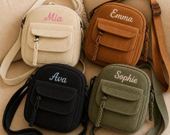 Personalized Kids Corduroy Crossbody Bag, Custom Name Toddler Purse, Embroidered Mini Shoulder Bag, Birthday Gift for Girls