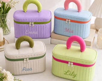 Personalized Quilted Makeup Bag, Custom Embroidered Name Cosmetic Bag, Travel Toiletry Organizer, Bridesmaid Gift, Gift for Her