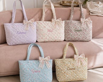 Large‑Capacity Custom Name Quilted Tote Bag with Bow, Floral Gingham Shoulder Bag