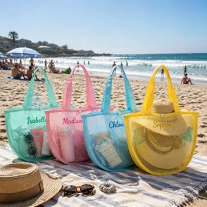 Personalized Mesh Beach Tote Bag, Custom Embroidery, Breathable Pool & Travel Tote, Bridesmaid Summer Gift Bag