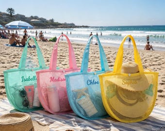 Personalized Mesh Beach Tote Bag, Custom Embroidery, Breathable Pool & Travel Tote, Bridesmaid Summer Gift Bag