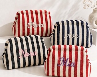 Personalized Striped Makeup Bag, Custom Embroidered Name Cosmetic Pouch, Bridesmaid Gift, Travel Toiletry Bag, Gift for Her
