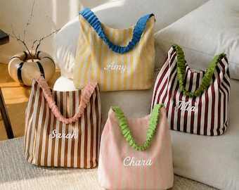 Personalized Striped Tote Bag, Custom Embroidered Name Beach Bag, Bridesmaid Gift, Summer Shoulder Bag, Monogram Tote, Gift for Her
