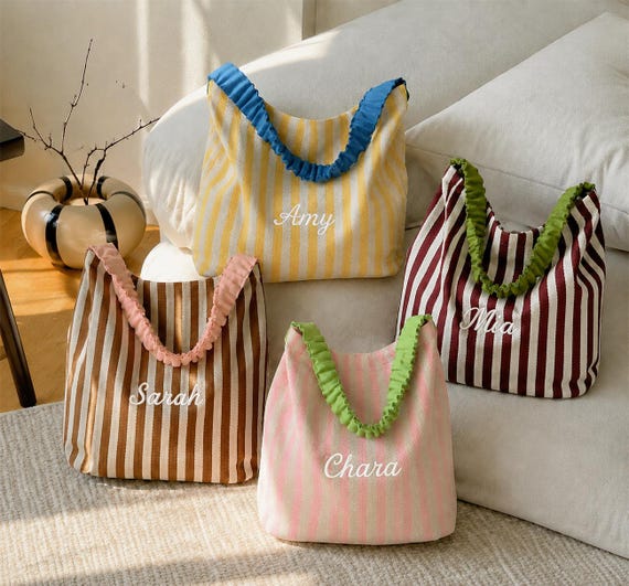 Personalized Striped Tote Bag, Custom Embroidered Name Beach Bag, Bridesmaid Gift, Summer Shoulder Bag, Monogram Tote, Gift for Her