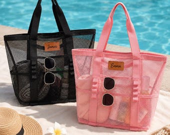 Personalized Mesh Beach Tote Bag, Custom Name Pool Bag, Bridesmaid Beach Bag, Girls Trip Gift, Large Sandproof Travel Tote