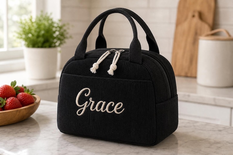 Personalized Corduroy Lunch Bag, Custom Embroidered Name Insulated Lunch Box, Kids School Lunch Tote, Work Cooler Bag, Back to School Gift image 5
