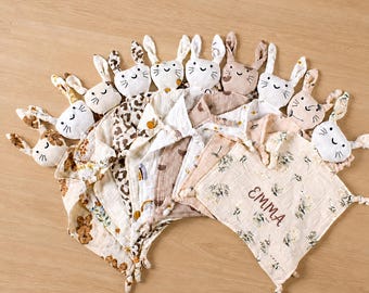 Personalized Baby Lovey Blanket, Muslin Bunny Comforter, Custom Name Security Blanket, Newborn Gift