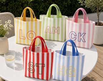 Personalized Striped Mini Tote Bag, Custom Initial Beach Bag, Monogram Summer Tote, Bridesmaid Gift, Teacher Gift, Vacation Pool Bag