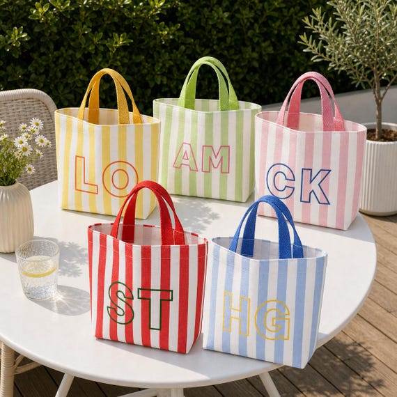 Personalized Striped Mini Tote Bag, Custom Initial Beach Bag, Monogram Summer Tote, Bridesmaid Gift, Teacher Gift, Vacation Pool Bag