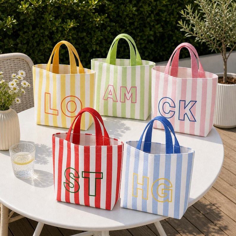 May include: Five small canvas tote bags with vertical stripes in yellow, green, pink, red, and blue. Each bag features two matching fabric handles and two large capital letters printed on the front: LO, AM, CK, ST, and HG in contrasting colors.