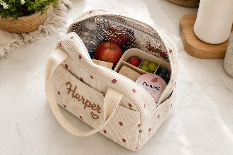 May include: A cream-colored corduroy lunch bag with a small strawberry print, featuring the name Harper embroidered in brown thread above a small heart. The interior is lined with silver thermal insulation and contains a water bottle and food.