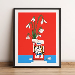 Snowdrop Flowers in Spilt Milk Carton Retro Art Print | Vintage Poster | Minimalist Wall Art