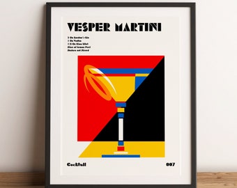 Vesper Martini Cocktail Art Print, Cocktail Wall Art, Bauhaus Art Print, 80s Inspired Decor, Retro Poster, Bond, Modern Art, Minimalist Art
