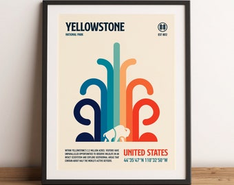 Yellowstone National Park | Retro Travel Poster | Minimalist Mid Century Art Print | Home Decor |