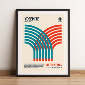 May include: Framed poster featuring a retro design for Yosemite National Park. The artwork includes the text "YOSEMITE NATIONAL PARK" and "UNITED STATES" with coordinates. The design incorporates red and teal curved lines on a cream background.