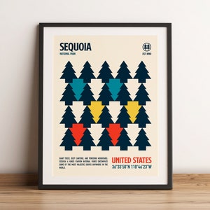Op de afbeelding: Een minimalistisch posterontwerp met een gestileerd bos van donkerblauwe bomen met rode, gele en blauwe accenten. De poster vermeldt "Sequoia National Park" en "Verenigde Staten 36&deg;33&prime;50&Prime;N 118&deg;46&prime;23&Prime;W".