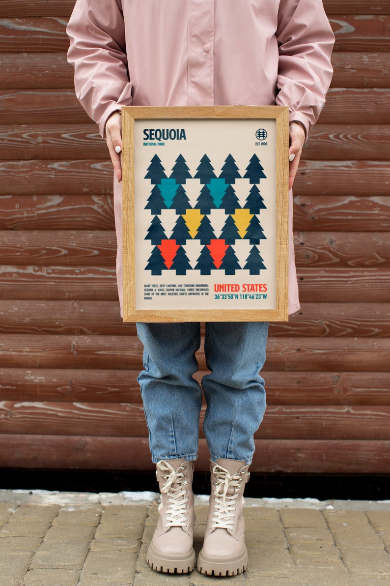Op de afbeelding: Een ingelijste poster met een geometrisch ontwerp van bomen in tinten blauw, groen, geel en rood. De poster heeft de titel "Sequoia National Park" en bevat de co&ouml;rdinaten "36&deg;33&prime;50&Prime;N 118&deg;46&prime;23 W".