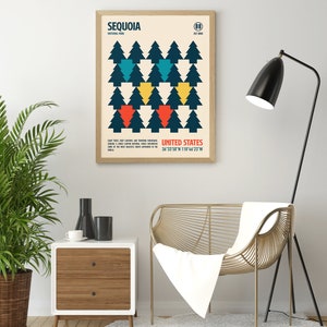 Op de afbeelding: Een minimalistische poster met een geometrisch ontwerp van bomen in tinten blauw, groen, geel en rood. De poster bevat de tekst "SEQUOIA NATIONAL PARK" en "UNITED STATES 36&deg;33&prime;50&Prime;N 118&deg;46&prime;23 W".