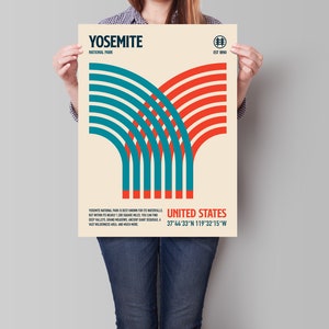 May include: A poster featuring a retro design for Yosemite National Park. The poster has a cream background with red and teal arching lines. Text includes "YOSEMITE NATIONAL PARK" and "UNITED STATES" with coordinates.