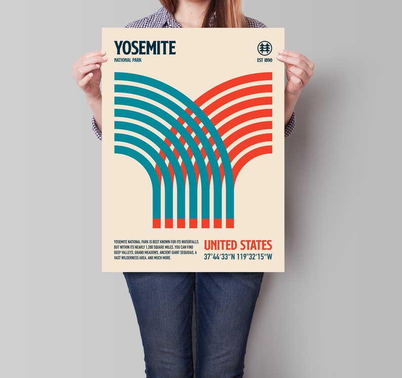 May include: A poster featuring a retro design for Yosemite National Park. The poster has a cream background with red and teal arching lines. Text includes "YOSEMITE NATIONAL PARK" and "UNITED STATES" with coordinates.
