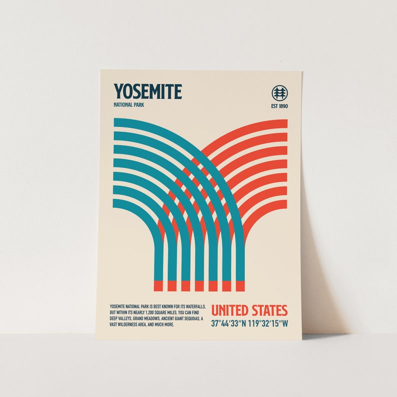 May include: A poster featuring a minimalist design of Yosemite National Park. The artwork includes blue and red curved lines, the park's name, and the text "United States" with coordinates. The poster is on a cream background.