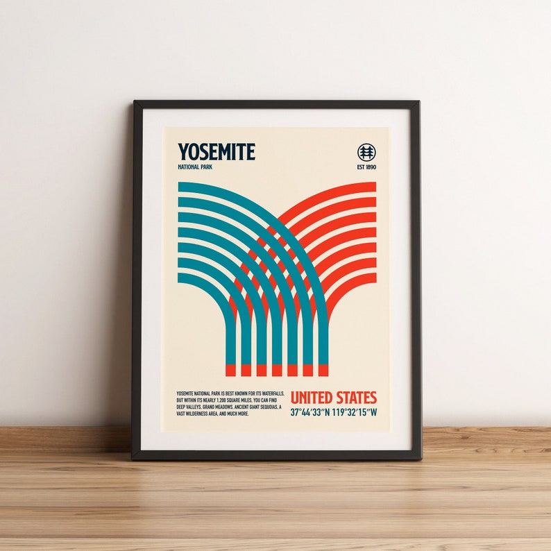 May include: Framed poster featuring a retro design for Yosemite National Park. The artwork includes the text "YOSEMITE NATIONAL PARK" and "UNITED STATES" with coordinates. The design incorporates red and teal curved lines on a cream background.