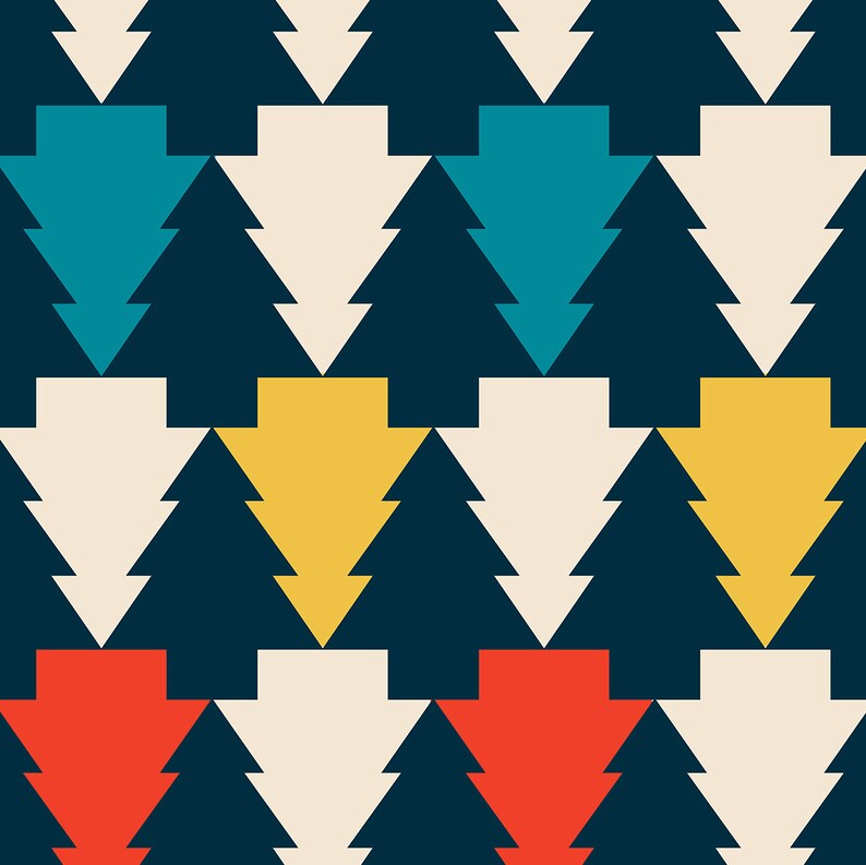 Op de afbeelding: Een naadloos patroon met gestileerde kerstboompjes in verschillende kleuren, waaronder turquoise, wit, geel en rood. De boompjes zijn in een herhalend patroon gerangschikt op een donkerblauwe achtergrond.