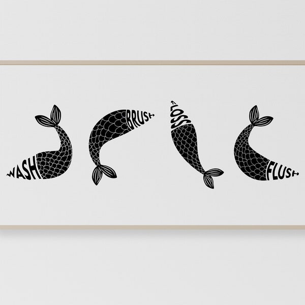 BATHROOM RULES Kids Fishes Black and white Scandinavian Panoramic Wall Art Printable Instant Download