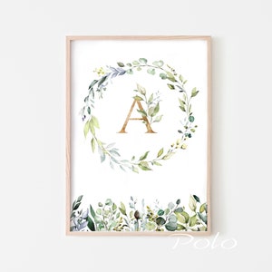 Arte de parede de berçário com monograma, impressão de botânica de berçário, vegetação de berçário para impressão, carta botânica, arte de decoração infantil, download.