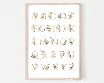 Botanical Alphabet Nursery Print,ABC Printable Baby Decor,Watercolor Alphabet Poster,Nursery Wall Art Downloadable,Watercolor Nursery Print