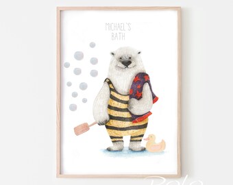 PERSONALIZED Bathroom Kids Wall Art,Funny Print Bathroom Children,Watercolor Bear Print,Watercolor Animal Bathroom,Custom Name Bathroom Art