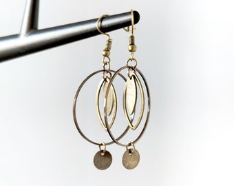 Boucles d'oreilles bronze grande feuille et navette bronze cercle petit sequin bronze