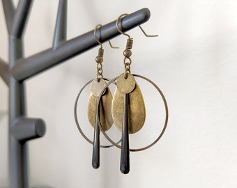 Boucles d'oreilles bronze long sequin noir grosse goutte bronze cercle