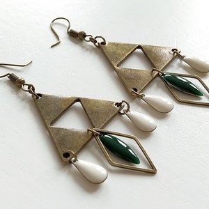 Bronze triple triangle shuttle earrings in fir green or mustard or dark turquoise or coral or midnight blue or black with white drops