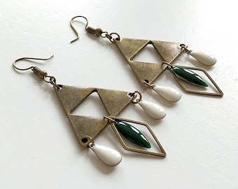 Bronze triple triangle shuttle earrings fir green or mustard or dark turquoise or coral or midnight blue or black white drops
