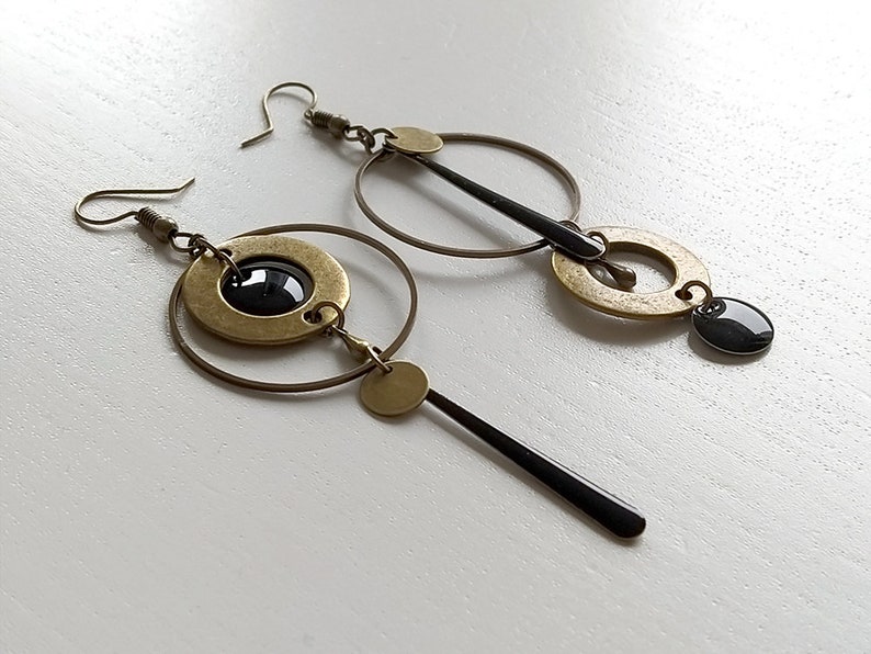 Asymmetrical bronze earrings long black or white sequin round connector circle drop image 2