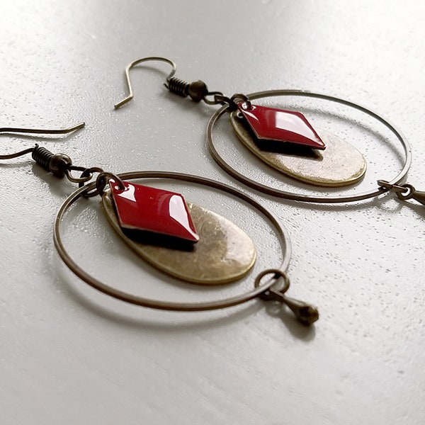 Boucles d'oreilles bronze losange rouge goutte bronze cercle goutte