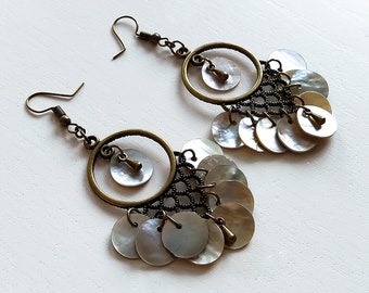 Earrings bronze chandelier cluster sequins mother-of-pearl drops