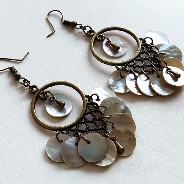 Earrings bronze chandelier cluster sequins mother-of-pearl drops