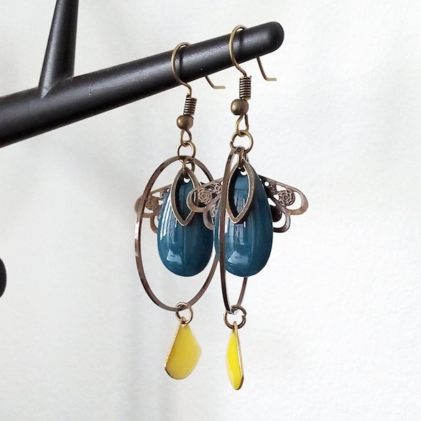 Boucles d'oreilles bronze goutte turquoise foncée éventail dentelle cercle éventail jaune