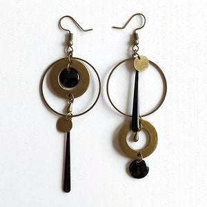 Asymmetrical bronze earrings long black or white sequin round connector circle drop image 4